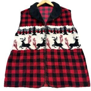 Men’s Cozy Lodge Fleece Vest Red Black Buffalo Plaid L Pullover Winter